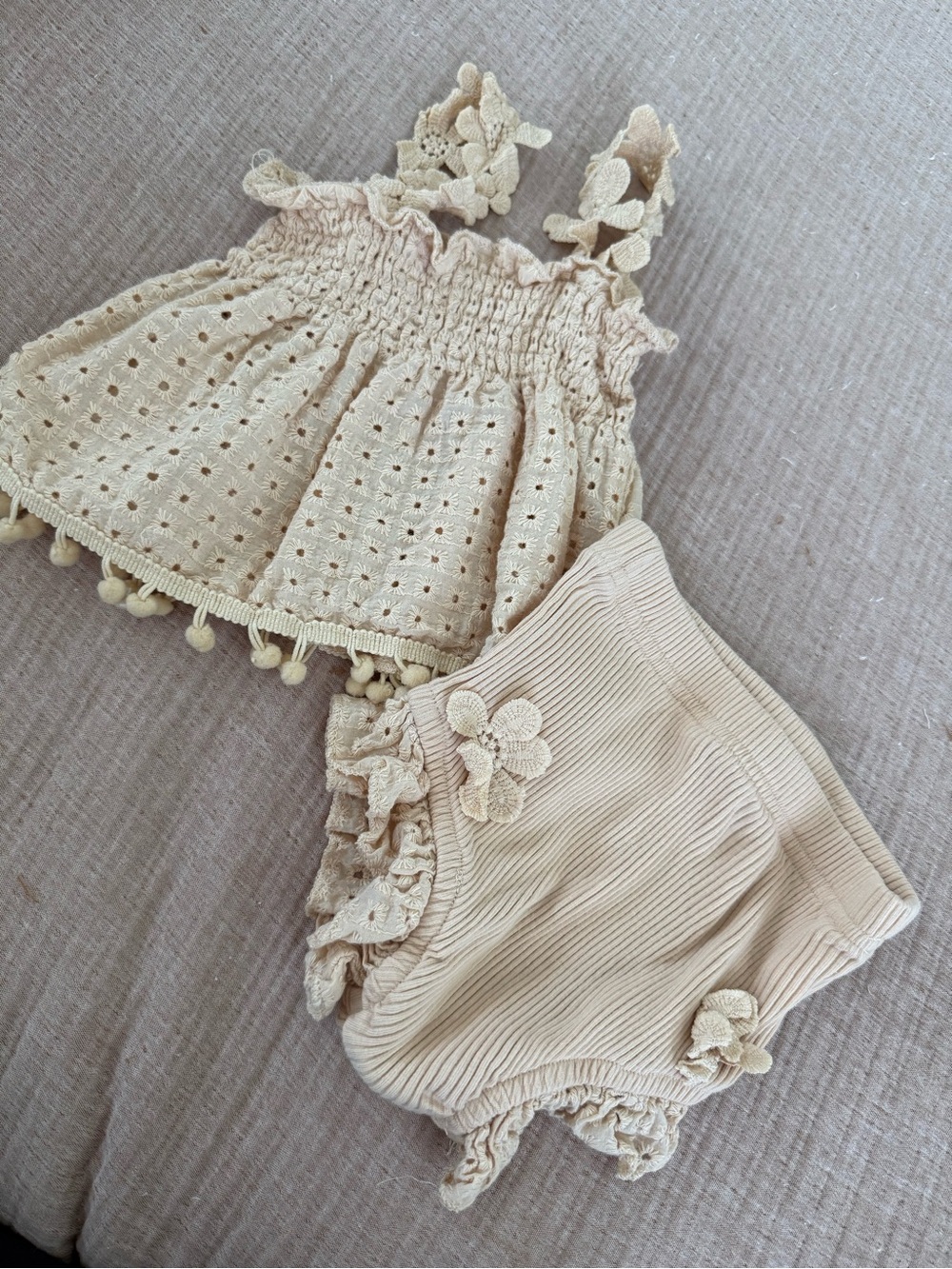 Beige Floral Trim Baby Tank Top and Bloomers Set